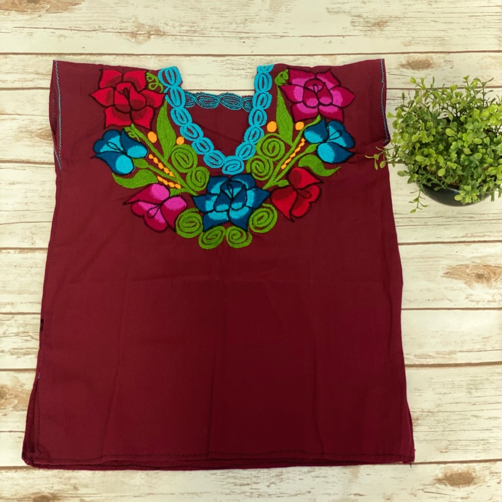 Burgundy Embroidered Mexican Blouse